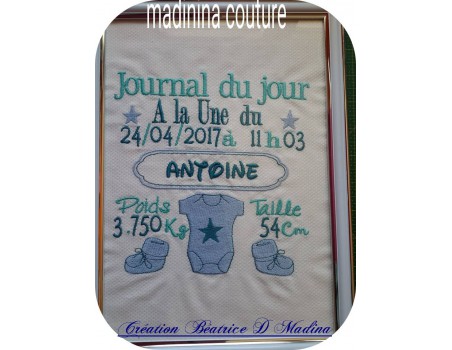 Motif de broderie machine journal de naissance personnalisable