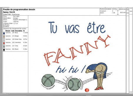 Motif de broderie machine partie de pétanque Fanny