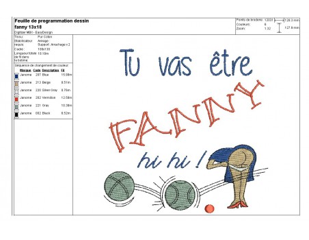 Motif de broderie machine partie de pétanque Fanny