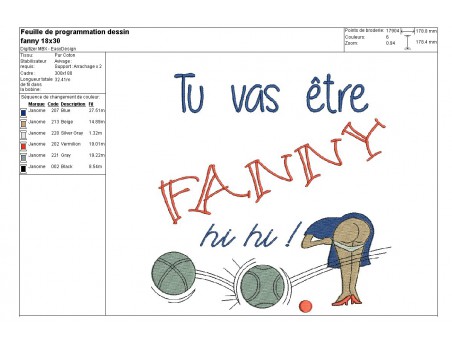 Motif de broderie machine partie de pétanque Fanny