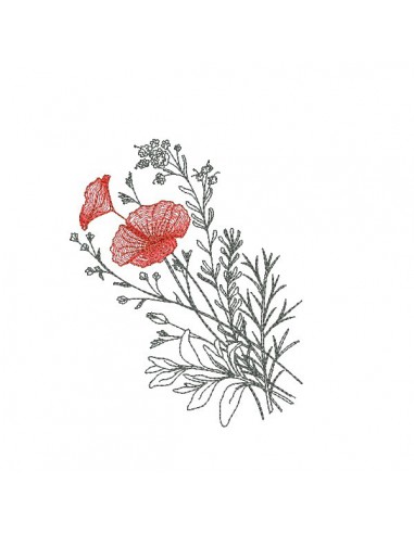 Motif de broderie machine  coquelicots et fleurs champêtres