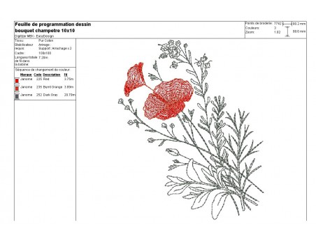 Motif de broderie machine  coquelicots et fleurs champêtres