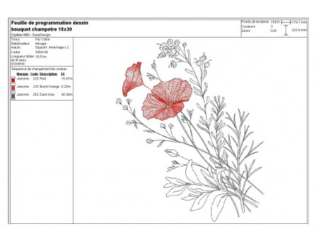 Motif de broderie machine  coquelicots et fleurs champêtres