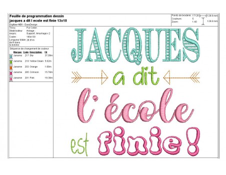 Motif de broderie Jacques à dit l'école est finie