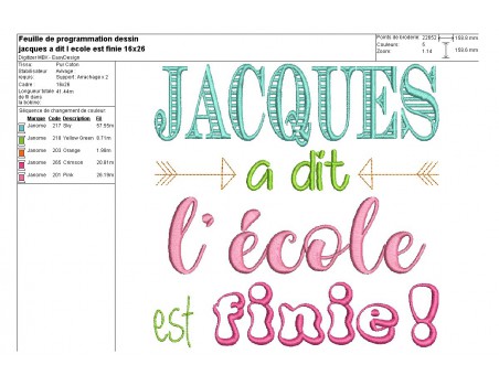 Motif de broderie Jacques à dit l'école est finie