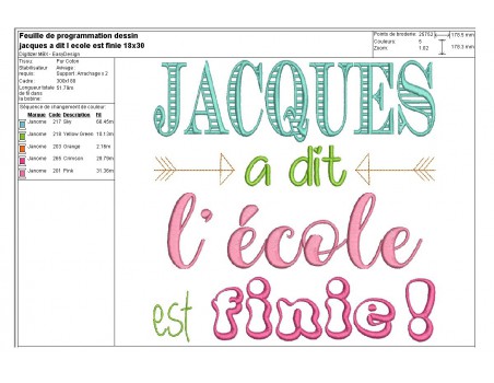 Motif de broderie Jacques à dit l'école est finie