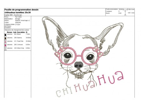 Motif de broderie machine Chihuahua à lunettes