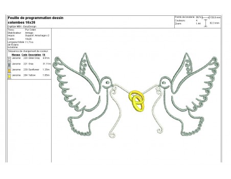 Motif de broderie machine  colombes aux alliances