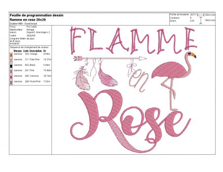 Motif de broderie machine flamant rose, flamme en rose