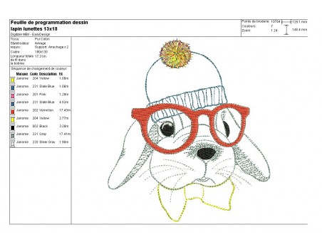 Motif de broderie machine lapin à lunettes