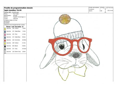 Motif de broderie machine lapin à lunettes