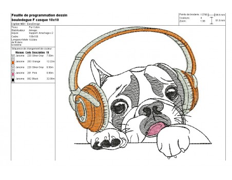 Motif de broderie machine bouledogue Français avec son casque