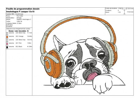 Motif de broderie machine bouledogue Français avec son casque