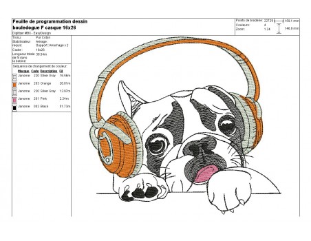 Motif de broderie machine bouledogue Français avec son casque