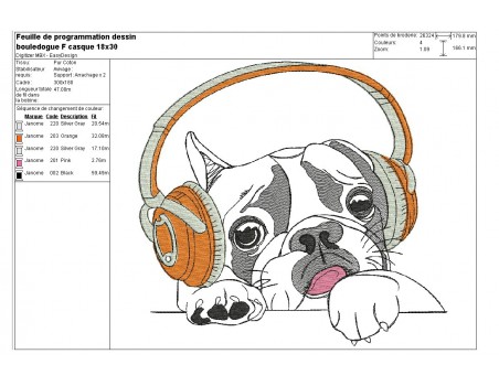 Motif de broderie machine bouledogue Français avec son casque