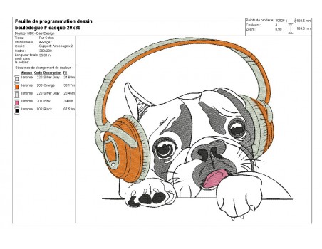 Motif de broderie machine bouledogue Français avec son casque