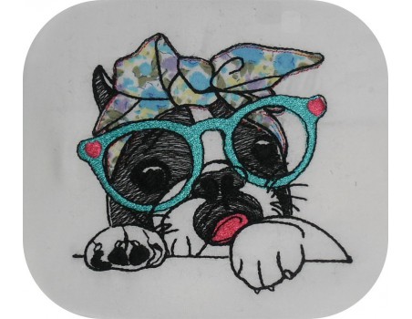 Motif de broderie machine bouledogue Français avec ses lunettes