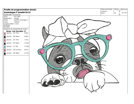 Motif de broderie machine bouledogue Français avec ses lunettes