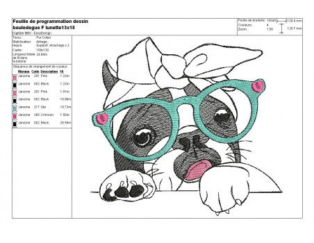 Motif de broderie machine bouledogue Français avec ses lunettes