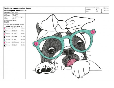 Motif de broderie machine bouledogue Français avec ses lunettes