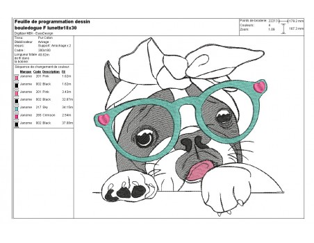 Motif de broderie machine bouledogue Français avec ses lunettes