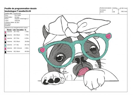 motif de broderie chien bouledogue français avec ses lunettes