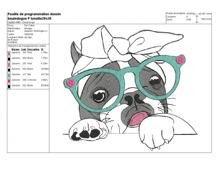 Motif de broderie machine bouledogue Français avec ses lunettes