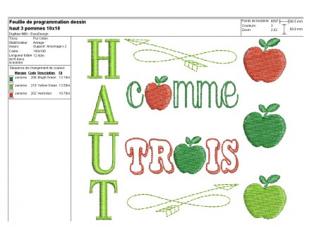 Motif de broderie machine  haut comme 3 pommes