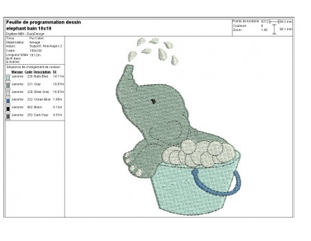 Motif de broderie machine éléphant dans sa bassine