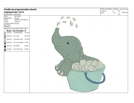 Motif de broderie machine éléphant dans sa bassine