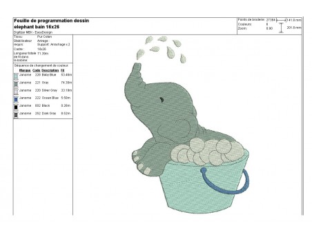 Motif de broderie machine éléphant dans sa bassine