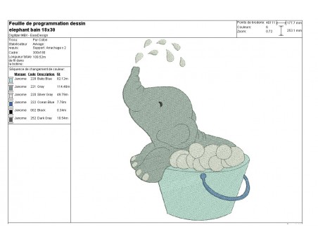 Motif de broderie machine éléphant dans sa bassine