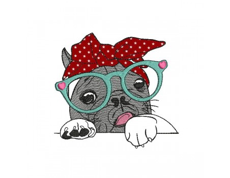 Motif de broderie machine bouledogue Français noir  avec ses lunettes