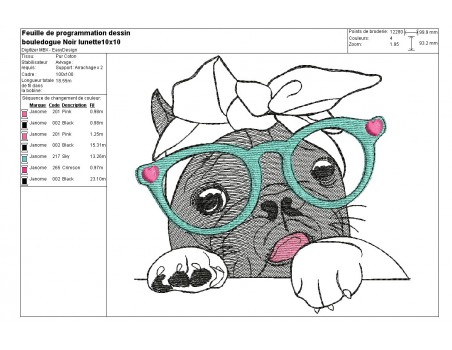 Motif de broderie machine bouledogue Français noir  avec ses lunettes