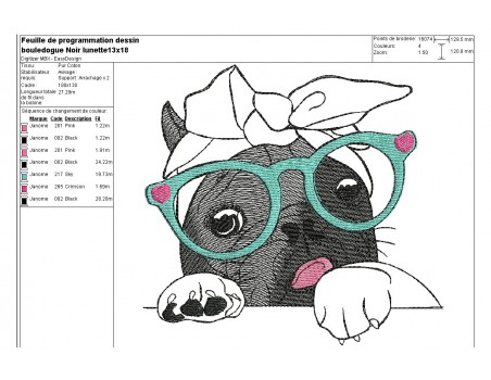 Motif de broderie machine bouledogue Français noir  avec ses lunettes