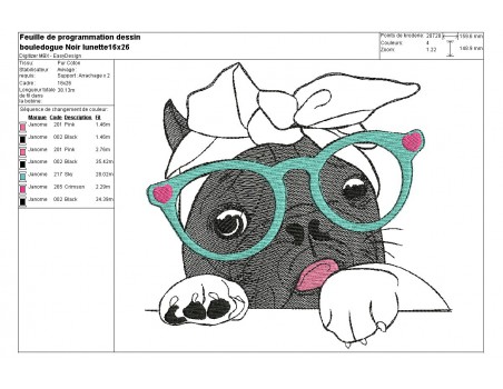 Motif de broderie machine bouledogue Français noir  avec ses lunettes