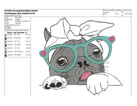 Motif de broderie machine bouledogue Français noir  avec ses lunettes