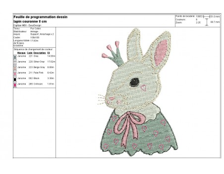 Motif de broderie machine lapin couronne