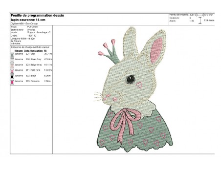 Motif de broderie machine lapin couronne