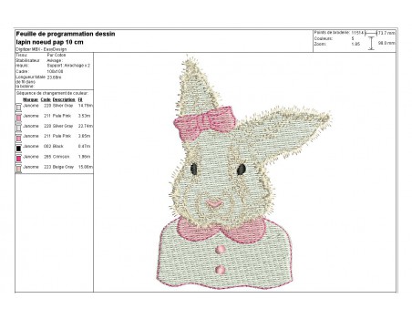 Motif de broderie machine lapin  avec noeud