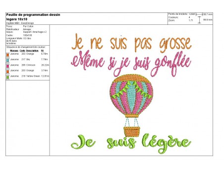 Motif de broderie machine texte humour légère mongolfière