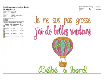 Motif de broderie machine texte humour rondeurs montgolfière