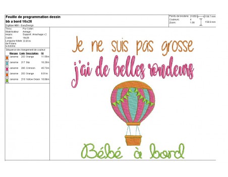 Motif de broderie machine texte humour rondeurs montgolfière