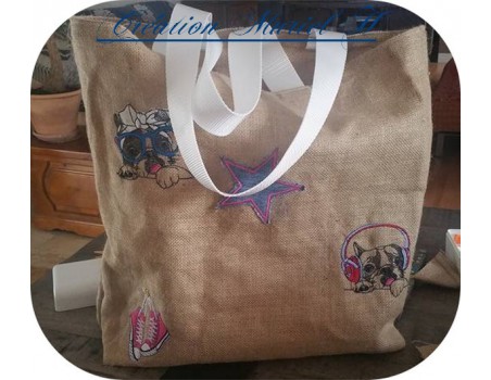 Motif de broderie machine bouledogue Français avec ses lunettes