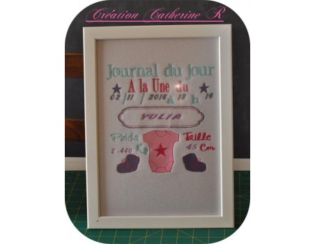 Motif de broderie machine journal de naissance personnalisable