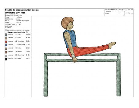 Motif de broderie machine gymnaste sur barre parallèle