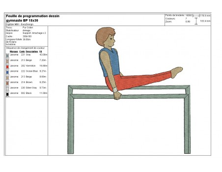 Motif de broderie machine gymnaste sur barre parallèle