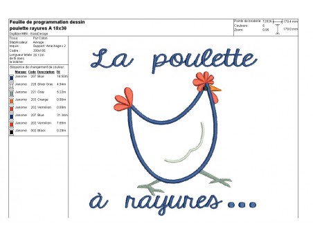 Motif de broderie machine appliqué poule à rayures