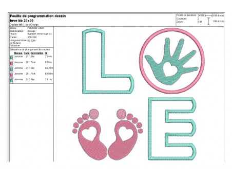 Motif de broderie machine  Love pied main