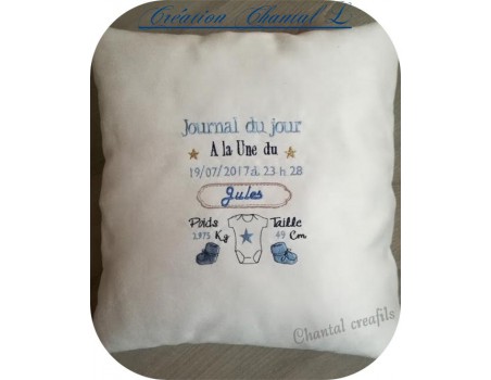 Motif de broderie machine journal de naissance personnalisable